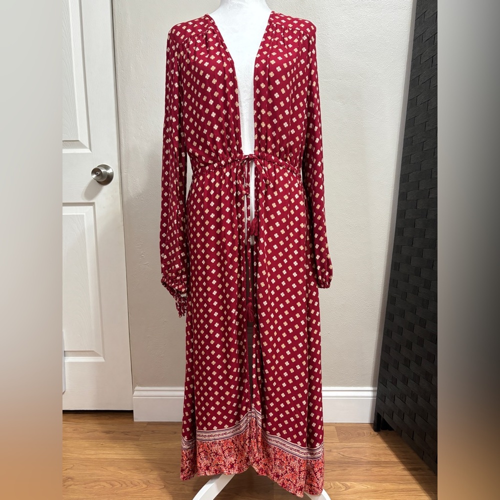 JustFab Kimono Cardigan Burgundy Floral Boho Maxi Duster Tassel Festival Sz L